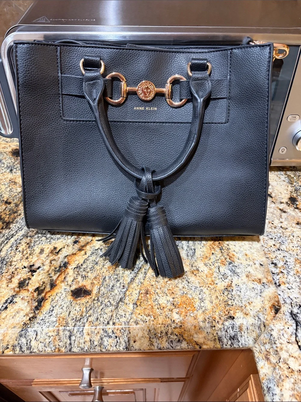 Anne Klein Black Pebble Leather Satchel with Tassels and Gold Hardware